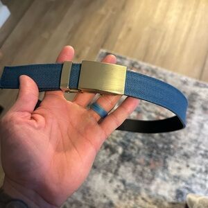 Anson Belt & Buckle 1.25” Blue Canvas Casual Belt, cut to 38”,  W/ gold Buckle